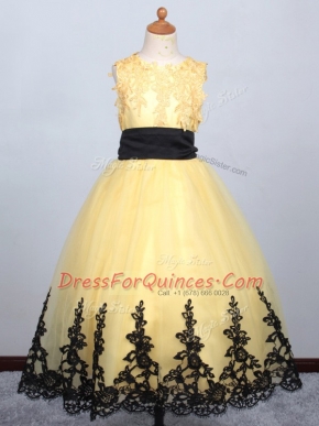 Yellow Pageant Gowns For Girls Wedding Party with Appliques Scoop Sleeveless Lace Up