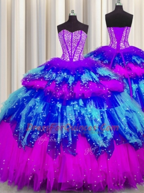 Modern Bling-bling Visible Boning Sweetheart Sleeveless Tulle Quinceanera Dress Beading and Ruffles and Ruffled Layers and Sequins Lace Up