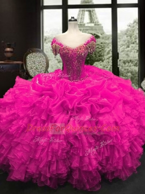 Fashion Sweetheart Cap Sleeves 15 Quinceanera Dress Floor Length Beading and Ruffles Fuchsia Organza