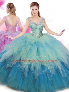 Top Selling Floor Length Multi-color Sweet 16 Dresses V-neck Cap Sleeves Lace Up