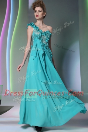 Most Popular One Shoulder Teal Column/Sheath Lace and Hand Made Flower Prom Dresses Side Zipper Chiffon Sleeveless Floor Length
