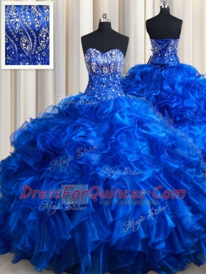 Royal Blue Sweetheart Lace Up Beading and Ruffles Quinceanera Gown Brush Train Sleeveless