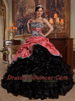 Red and Black Sweetheart Pick-ups Taffeta and Organza Ball Gown Dress with Zebra and Hand Made Flower