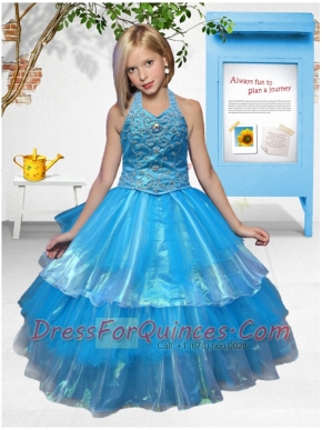 Beautiful Ball Gown Halter Teal Little Gril Pageant Dress with Appliques