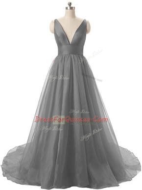 Charming Organza V-neck Sleeveless Brush Train Backless Ruching Prom Dresses in Grey