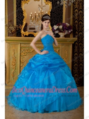 Blue Ball Gown Strapless Floor-length Appliques Organza Quinceanera Dress