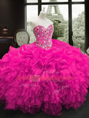 Excellent Ball Gowns Sweet 16 Dress Fuchsia Sweetheart Organza Sleeveless Floor Length Lace Up
