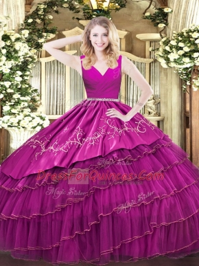 Fuchsia Sleeveless Floor Length Embroidery and Ruffled Layers Zipper 15th Birthday Dress