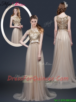 2016 Luxurious Brush Train Prom Dresses with Appliques and Bowknot