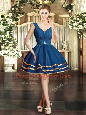 Blue Ball Gowns V-neck Sleeveless Organza Mini Length Backless Ruffled Layers Evening Dress