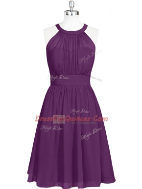 Lovely Purple Chiffon Zipper Halter Top Sleeveless Mini Length Prom Party Dress Ruching