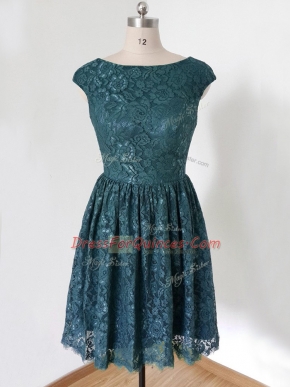 Fashion Teal Lace Up Damas Dress Lace Cap Sleeves Knee Length