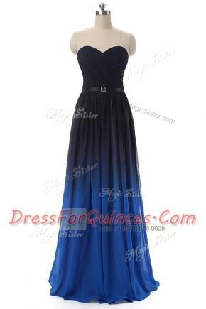 Graceful Blue And Black Sleeveless Floor Length Ruching and Belt Lace Up