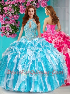 Classical Beaded and Ruffled Halter Top Quinceanera Dress in Baby Blue and White