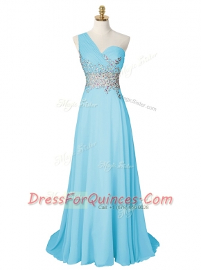 New Arrival One Shoulder Sleeveless Chiffon With Brush Train Side Zipper Prom Dresses in Aqua Blue with Beading