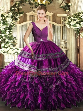 New Arrival Sleeveless Floor Length Beading and Ruffles and Ruching Backless Quinceanera Gowns with Purple