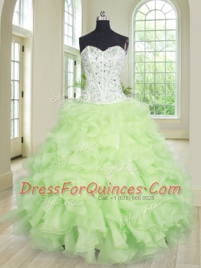 Yellow Green Lace Up Sweetheart Beading and Ruffles Sweet 16 Dresses Organza Sleeveless