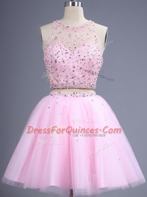 Pink Sleeveless Tulle Zipper Quinceanera Court Dresses for Prom and Party and Wedding Party
