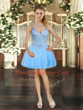 Light Blue Ball Gowns Beading Prom Party Dress Lace Up Tulle Sleeveless Mini Length