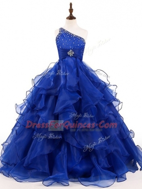 Inexpensive Sleeveless Floor Length Beading and Ruffles Zipper Pageant Gowns For Girls with Royal Blue