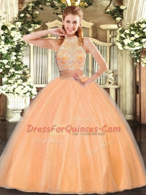 Flare Sleeveless Tulle Floor Length Criss Cross Quinceanera Dress in Orange Red with Beading