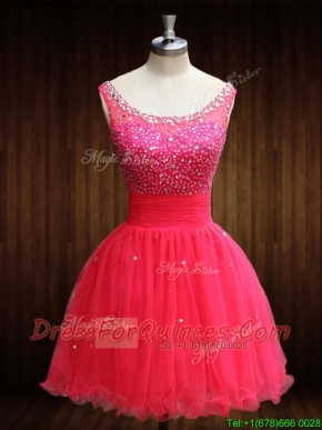 Elegant Beaded Bodice Open Back Organza Prom Dress in Coral Red
