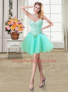 Great Apple Green A-line Sweetheart Sleeveless Organza Mini Length Lace Up Beading Prom Gown