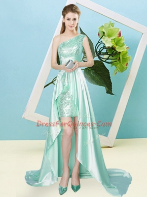 Deluxe Apple Green One Shoulder Lace Up Sequins Prom Evening Gown Sleeveless