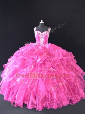 Fuchsia Organza Lace Up Quinceanera Dresses Sleeveless Floor Length Beading and Ruffles