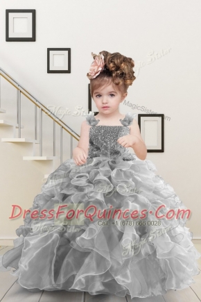Grey Ball Gowns Straps Sleeveless Organza Floor Length Lace Up Beading and Ruffles Toddler Flower Girl Dress