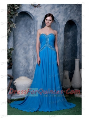 Prom Dress Sky Blue Empire Sweetheart Brush Train Chiffon Beading
