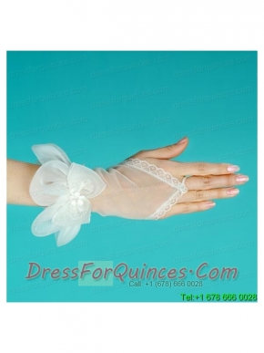 Tulle Fingerless Wrist Length Bridal Gloves With Hand Made Flower