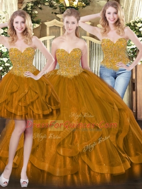 Brown Sweetheart Lace Up Beading and Ruffles Quinceanera Dress Sleeveless