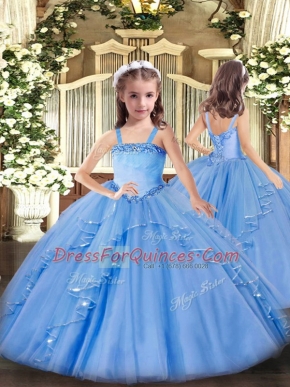 Baby Blue Organza Lace Up Custom Made Pageant Dress Sleeveless Floor Length Appliques and Ruffles