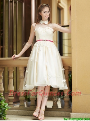 Gorgeous High Neck Champagne Prom Dresses with Appliques and Sashes