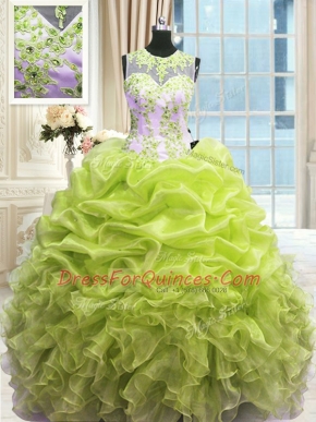 Ball Gowns Quinceanera Gowns Yellow Green Scoop Organza Sleeveless Floor Length Zipper