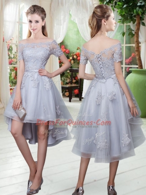 Tulle Off The Shoulder Short Sleeves Lace Up Appliques Prom Evening Gown in Grey