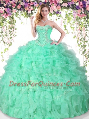 Sweetheart Sleeveless Quinceanera Dresses Floor Length Beading and Ruffles Apple Green Organza