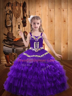 Straps Sleeveless Organza Pageant Gowns For Girls Beading and Embroidery and Ruffled Layers Lace Up