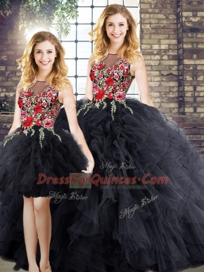 Luxurious Floor Length Black Sweet 16 Quinceanera Dress Sleeveless Embroidery and Ruffles