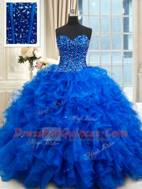 Most Popular Royal Blue Organza Lace Up Quince Ball Gowns Sleeveless Floor Length Beading and Ruffles