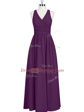 Dazzling V-neck Sleeveless Prom Dresses Floor Length Ruching Eggplant Purple Chiffon