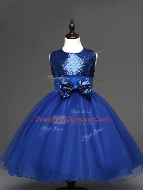 Royal Blue Zipper Little Girl Pageant Gowns Sequins and Bowknot Sleeveless Tea Length
