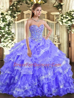 Sweetheart Sleeveless Ball Gown Prom Dress Floor Length Embroidery and Ruffled Layers Lavender Organza