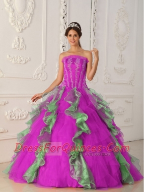 Hot Pink and Green Floor-length Appliques and Beading Cheap Quinceanera Dresses For 2014