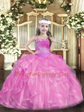 Rose Pink Straps Lace Up Beading Pageant Dress for Womens Sleeveless