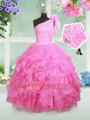 Fashionable One Shoulder Floor Length Rose Pink Child Pageant Dress Organza Sleeveless Beading and Ruffles and Hand Made Flower