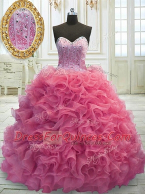 Latest Mini Length Ball Gowns Sleeveless Rose Pink Sweet 16 Dresses Sweep Train Lace Up