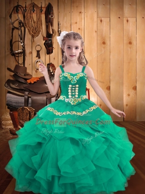 Floor Length Turquoise Little Girls Pageant Dress Organza Sleeveless Embroidery and Ruffles