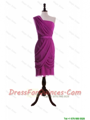 Cheap Custom Made Ruching and Belt Short Prom Dresses in Fuchsia